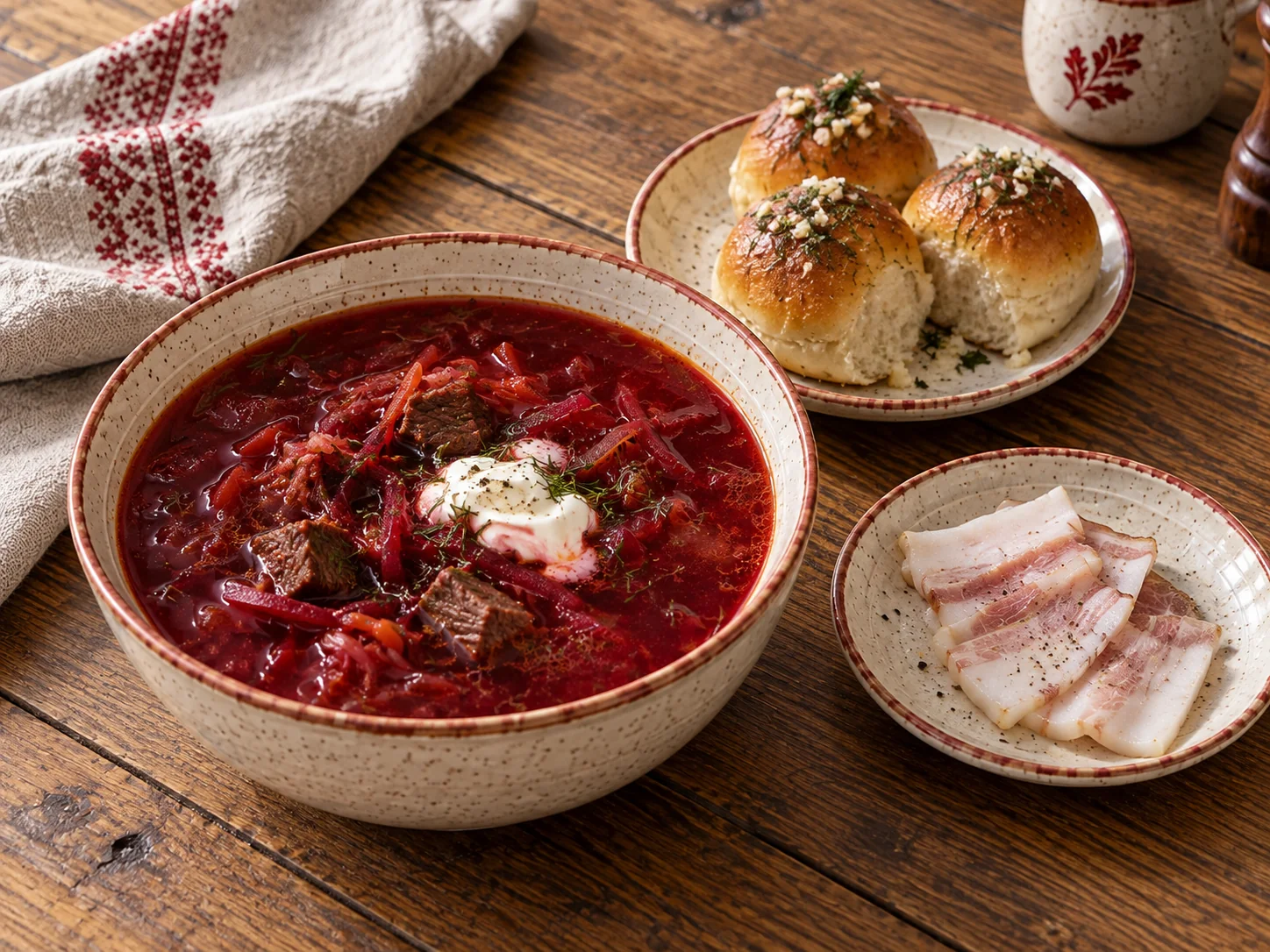 Борщ с салом и пампушками